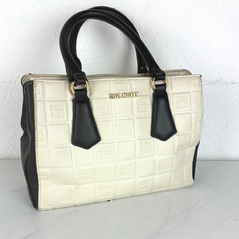 Steve Madden Cream Black Embossed Logo Satchel Bag Double Handles